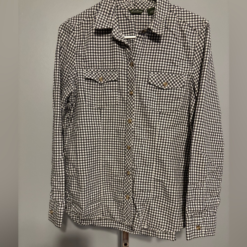 Eddie Bauer Women's Long Sleeve Flannel Charcoal Gray Gingham Med Button Up
